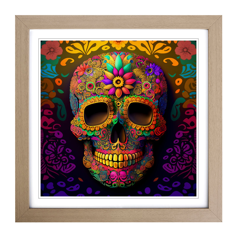 Sugar Skull Colour Field Painting - Single Picture Frame Print on Wood, Oak
