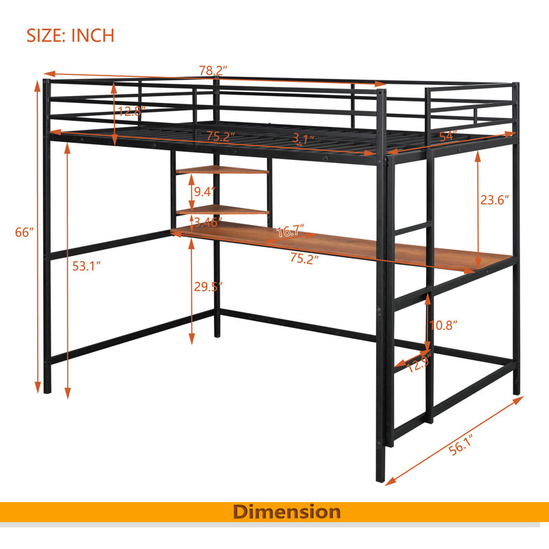 Lit mezzanine en métal avec bureau et tablette, Noir, noir, noir, noir, Lit double