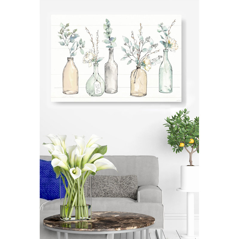 Bouteilles de campagne moderne, floral, branches, eucalyptus, sur fond blanc, bleu, brun, H 24 po x l 36 po x P 1,5 po
