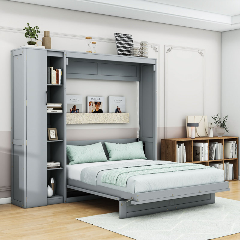 Lit escamotable avec rangement intégré et lumières DEL, Gris, Double