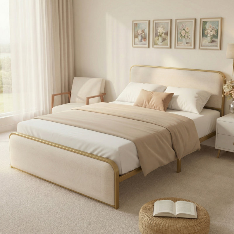Upholstered Platform Bed, Queen, Beige/Gold