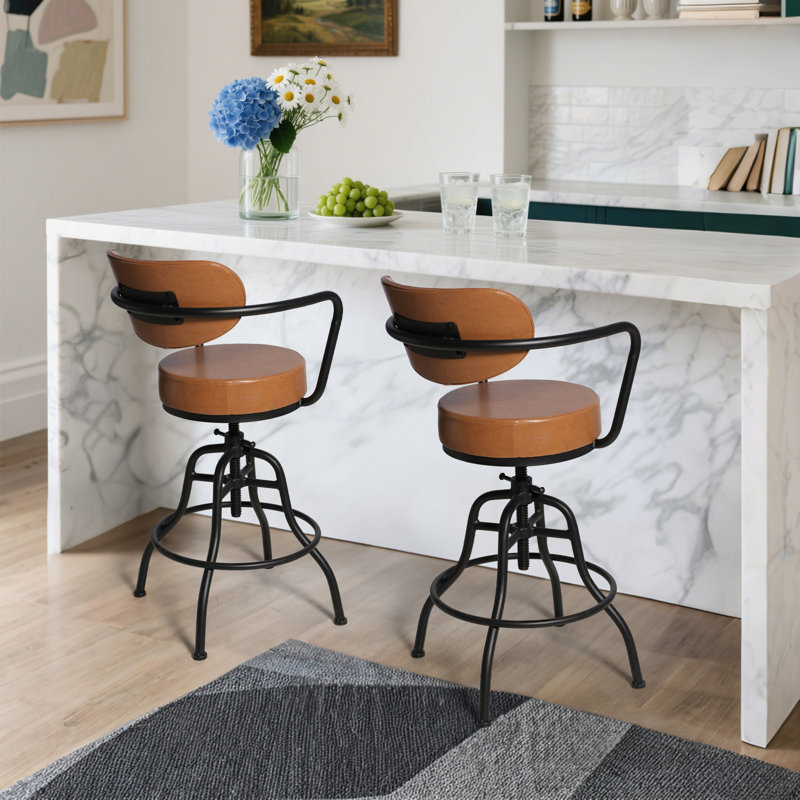 Industrial Bar Stool With Leather Backrest And Cushions 21.7-25.6Inch Height Adjustable Rustic Swivel Office Chairs Vintage Pub Stools For Kitchen Island Dining Room Living Room