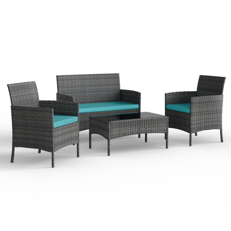 Ensemble de conversation d'extérieur pour 4 personnes avec coussins Angeli, Structure grise / coussin bleu