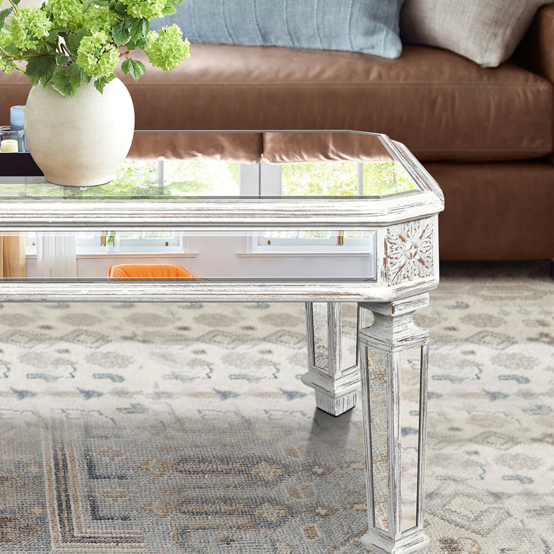 Silver Mirrored Coffee Table, Vintage Carved Elements, Rectangle Glass Tea Table With Mirrored Finish, Modern Center Table For Living Room And Office (24" D X 48" W X 18" H)