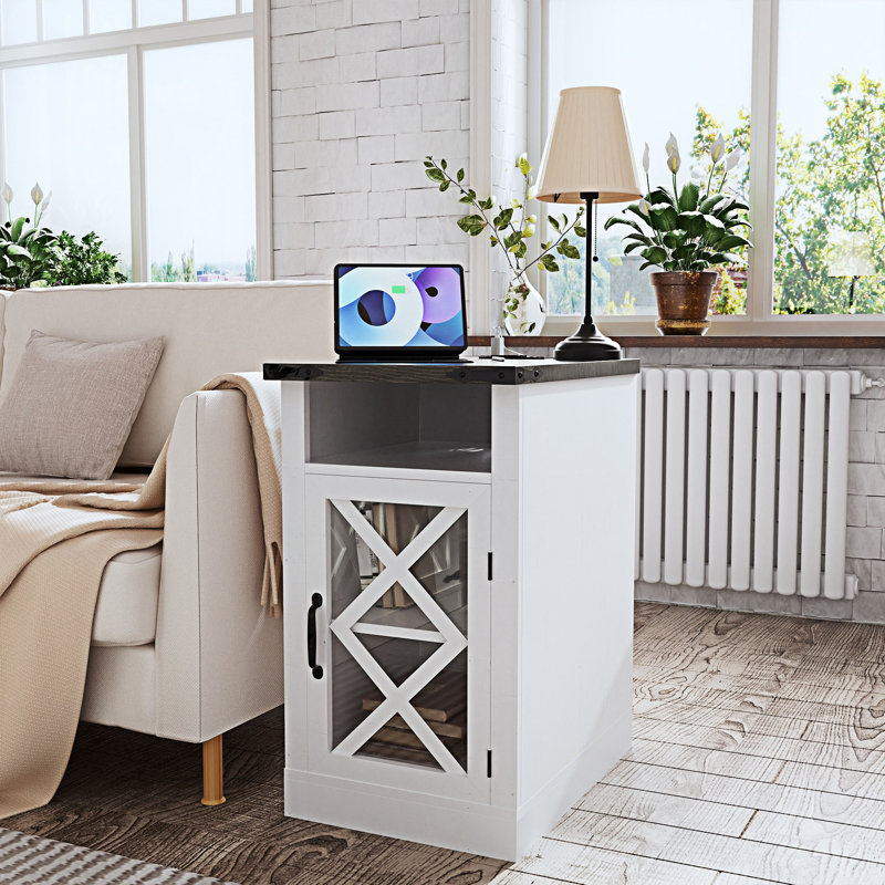 Farmhouse End Table Sofa Side Table With Charging Station