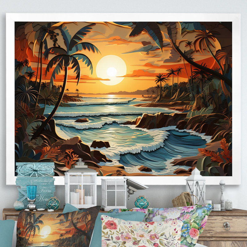 Coastal Collage At Sunset I - Décoration murale moderne, H 24 po x l 32 po x P 1 po, Cadre photo blanc