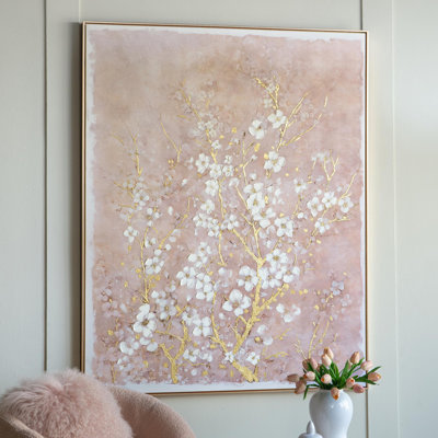 59.1x47.2" Hand-Painted Cherry Blossom Canvas Art with Blush Pink and White Finish