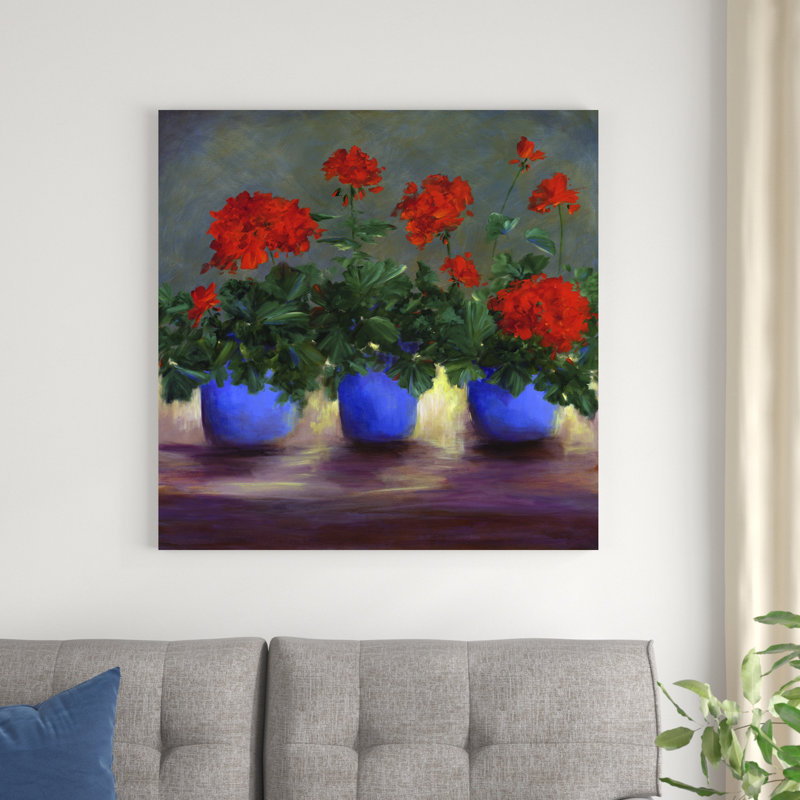 «Geraniums V» par Sheila Finch - peinture sur toile tendue, H 36 po x l 36 po x P 1,25 po