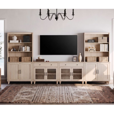 Meuble télé de style ferme avec étagères pour téléviseurs jusqu'à 75 pouces, meuble télé mural avec portes vitrées et placards en bois, console multimédia pour salon, chambre et cinéma maison, beige