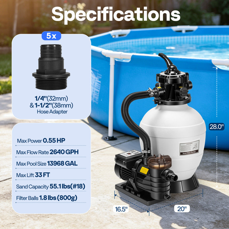 13 po. 2640 gallons par heure, 14 000 gallons, filtre à sable pour piscine avec minuterie