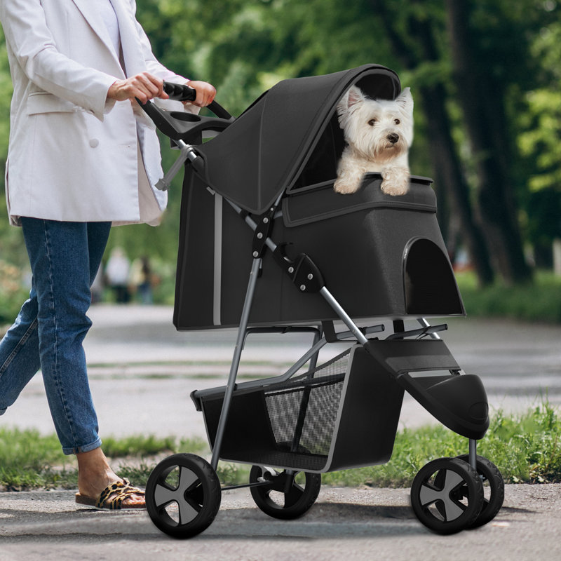 Foldable Pet Stroller, 3 Wheels Folding Carrier Jogger Stroller for Dogs Cats with Canopy and Basket, Black/Solid