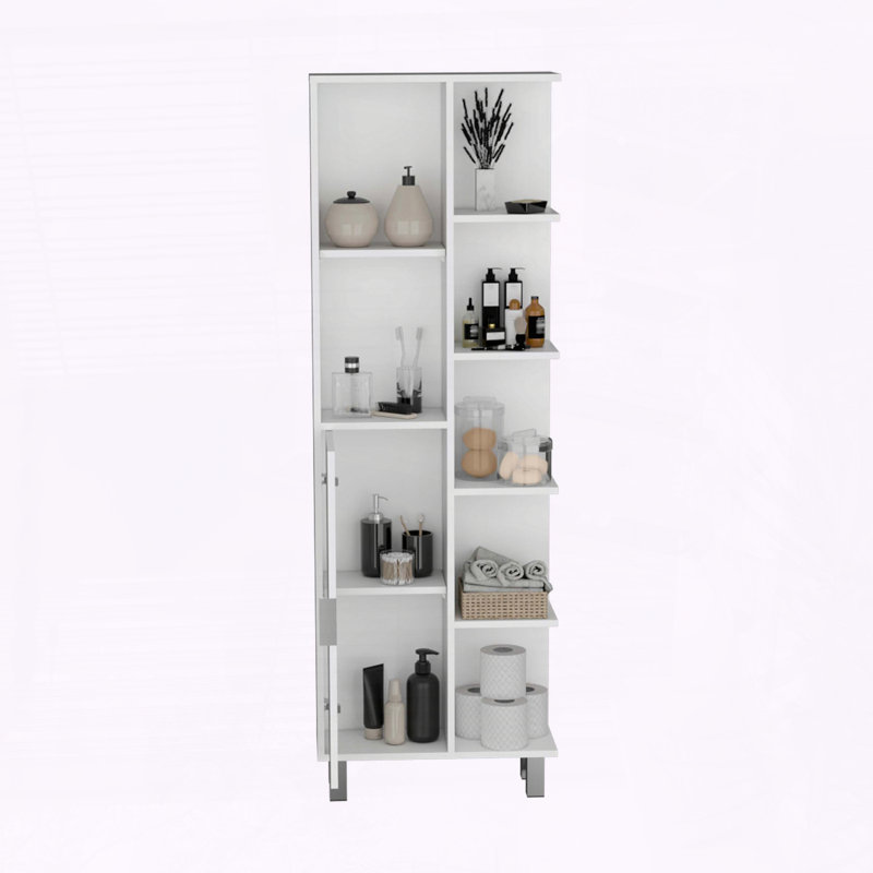Armoire de rangement haute en lin avec sept tablettes ouvertes