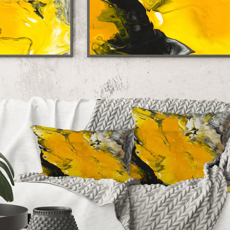 Coussin jaune jaune, noir et blanc avec imprimé d'art moderne VI-1