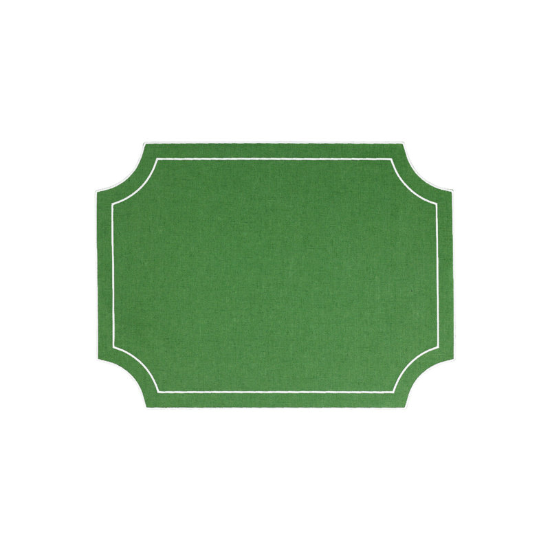 Green Linen Rectangular Placemats with White Stitching - Set of 4