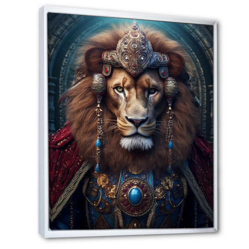 «Majestic Lion Portrait Antique King», reproduction d'art sur lion, Cadre flottant blanc, 32" H x 24" W
