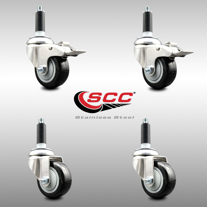 3.5 Inch_316SS_Polyurethane Swivel 7/8 Inch Stem Caster Set 2 Lock Brake, Black