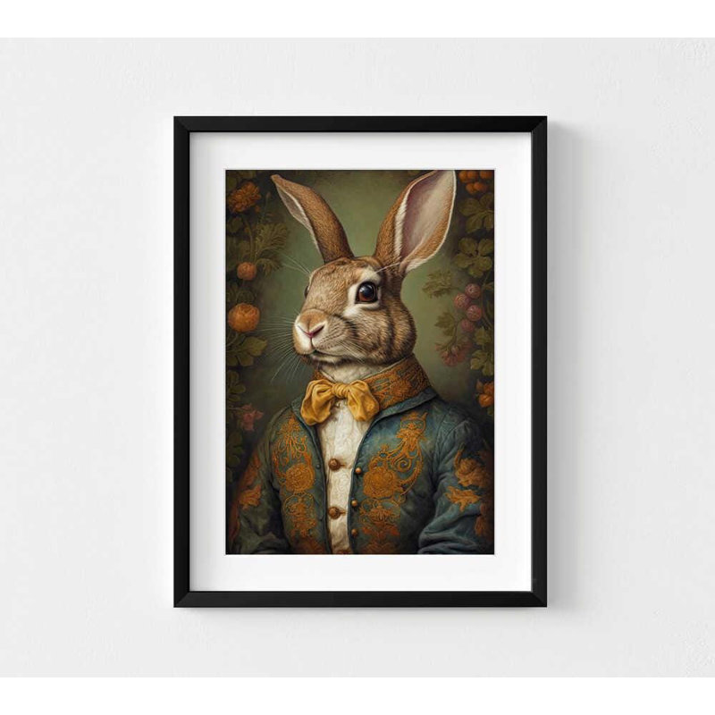 Le lapin distingué - Portrait d'un animal fantaisiste, H 10 po x l 8 po, Impression encadrée avec passe-partout, Noir