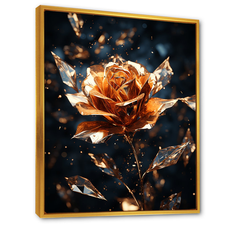 Art mural doré doré et roses noires I - Rose, Cadre flottant doré, H 20 po x l 12 po