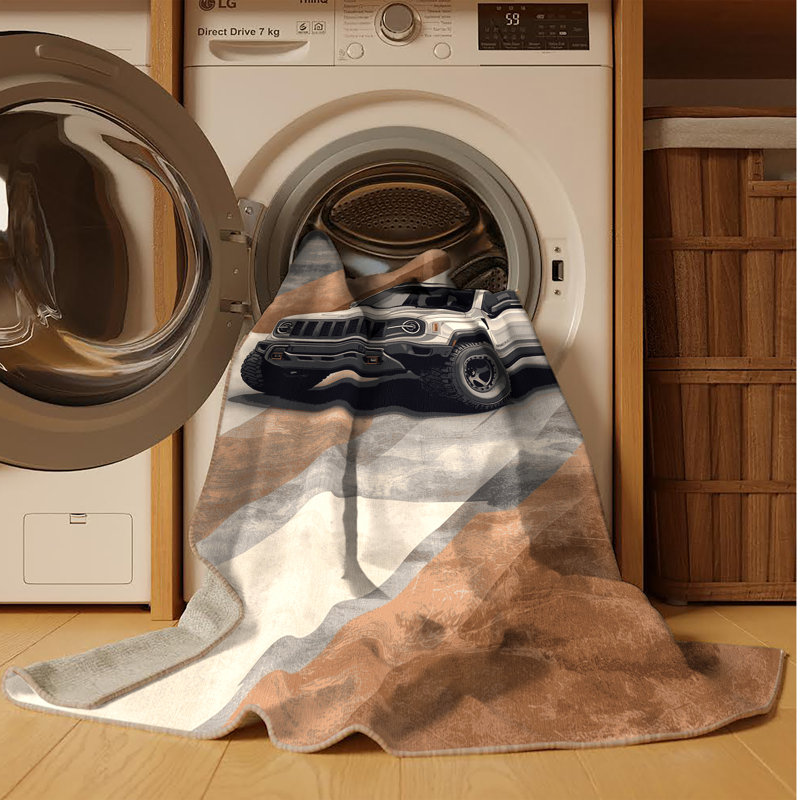 Machine Washable Vehicles And Transportation Offroad Suv Modern Rustic Rug in Beige – Beige Binding, 6x9
