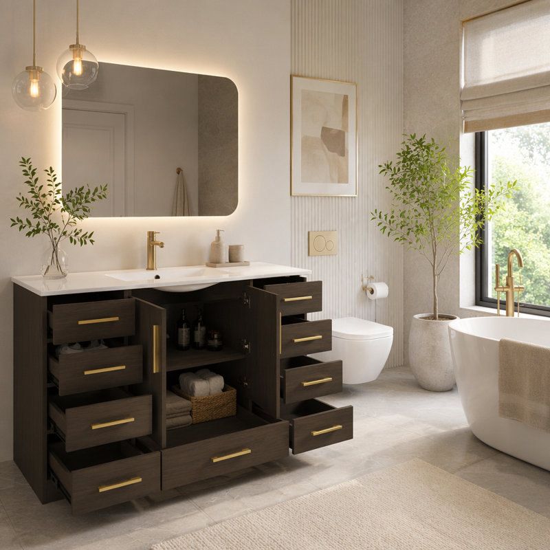 Meuble-lavabo de 48 po brun foncé. Armoire de rangement abondante - 2 portes à fermeture douce et 9 tiroirs