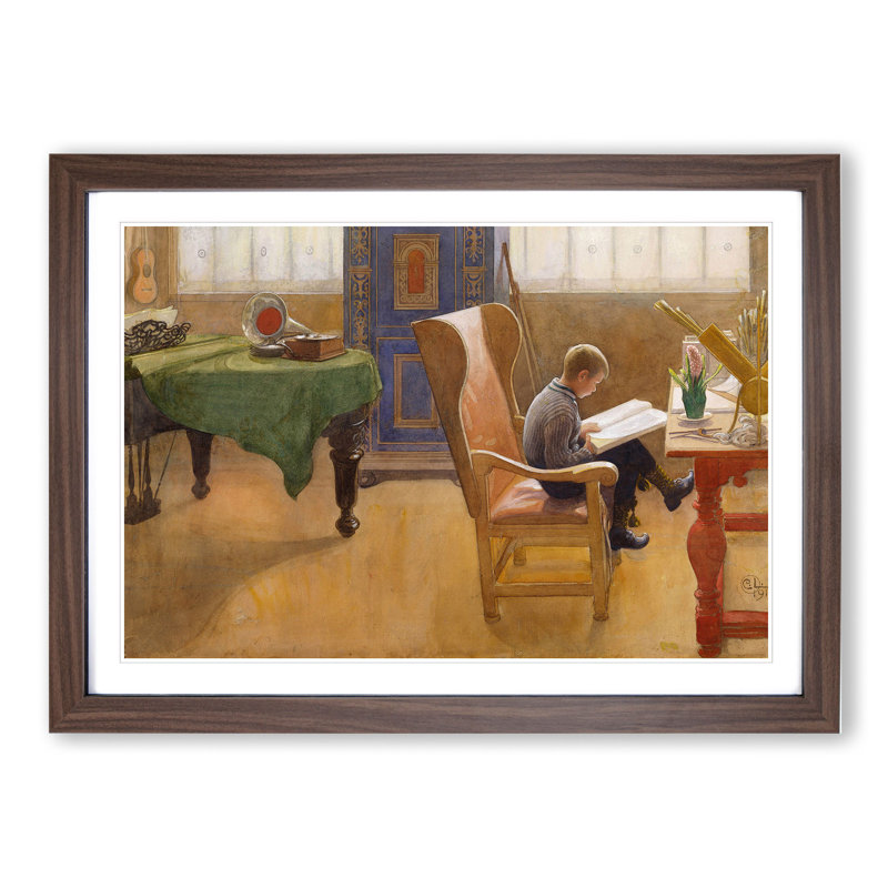 Esbjorn in the Study by Carl Larsson - Picture Frame Painting, Walnut Framed, 48cm H x 65cm W x 2cm D
