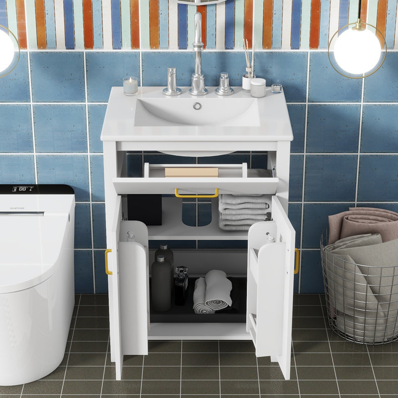 Meuble-lavabo avec lavabo et tablette réglable Raidon, Blanc