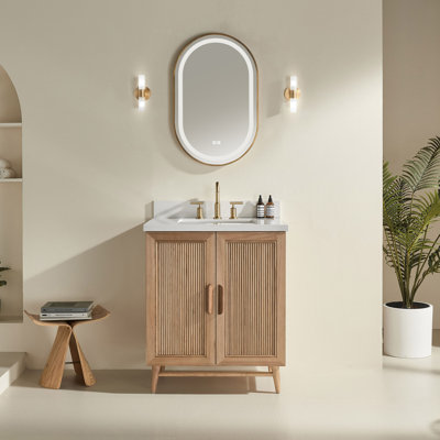 Meuble-lavabo de salle de bain autoportant 30 po entièrement assemblé en bois massif avec plateau blanc d'ingénierie entièrement assemblé