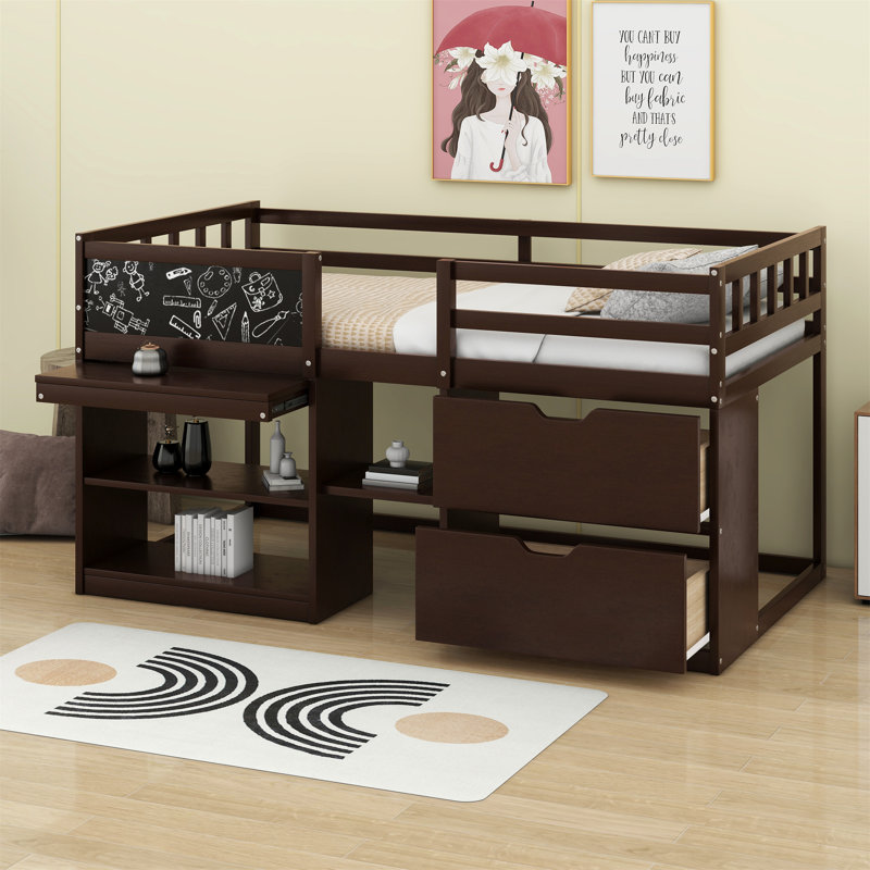 Low Loft Bed With Rolling Desk, Shelf And Drawers, Espresso