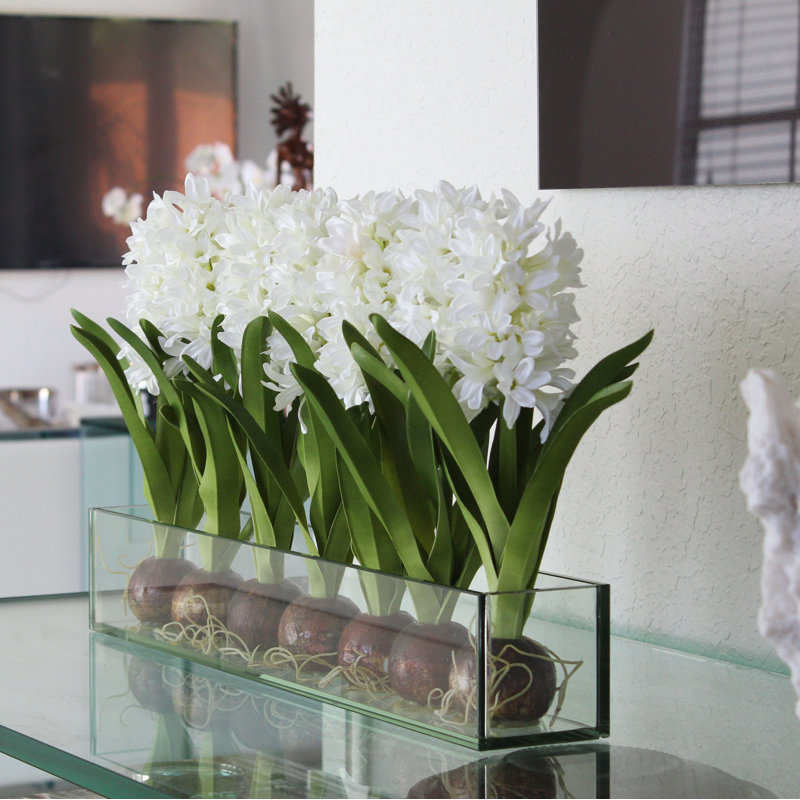 Orchids Centerpiece in Glass Planter, 16" H x 24" W x 4" D, Blue