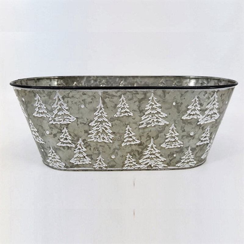 White Trees Metal Planter, White/Gray, 5.25" H x 13.75" W x 7" D