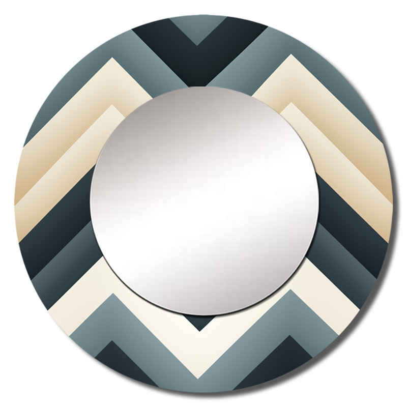 Ruzich Grey White Geometric Neutrals Chevron Pattern - chevron  Wall Mirror, Glam Round Decorative Mirror, Printed Metal Art