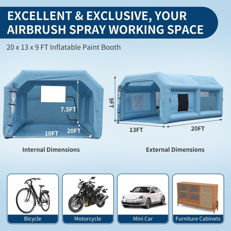 Cabine de peinture gonflable 20 x 14 x 10 pi avec ventilateur de 1 100 W, tente de pulvérisation portable, filtre à 3 couches pour la voiture, les meubles et les projets de bricolage, bleu
