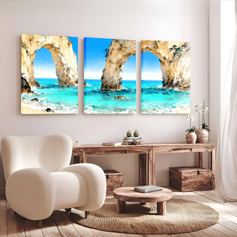 Tableau sur toile tendue représentant un paysage de plage avec une arche naturelle (ensemble de 3), H 30 po x l 60 po