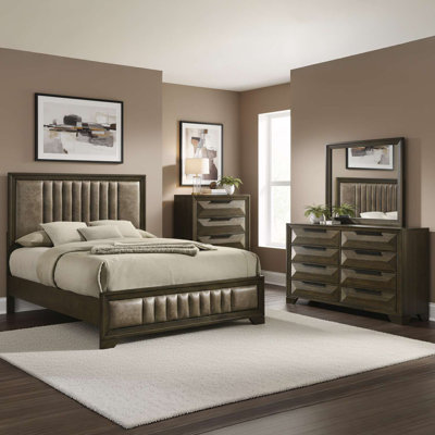 Ensemble de chambre à coucher grand lit à panneau 4 pièces avec capitonnage à canaux verticaux, structure en bois de noyer, commode de rangement, commode et miroir encadré