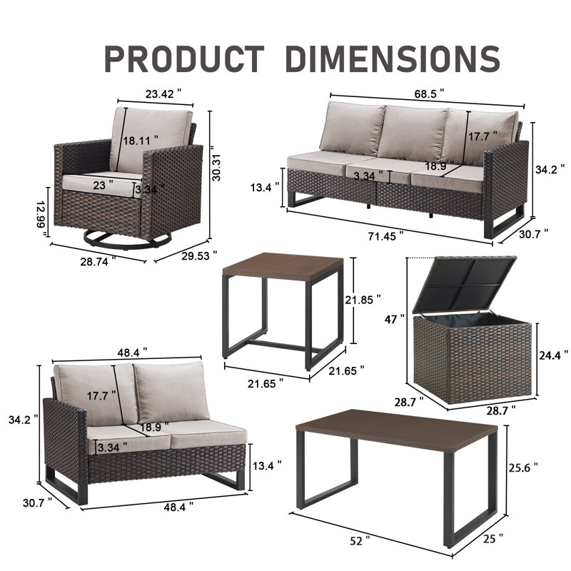 Ingvald 6 Person Outdoor Patio Wicker Conversation Set Group With Swivel Chairs, Beige