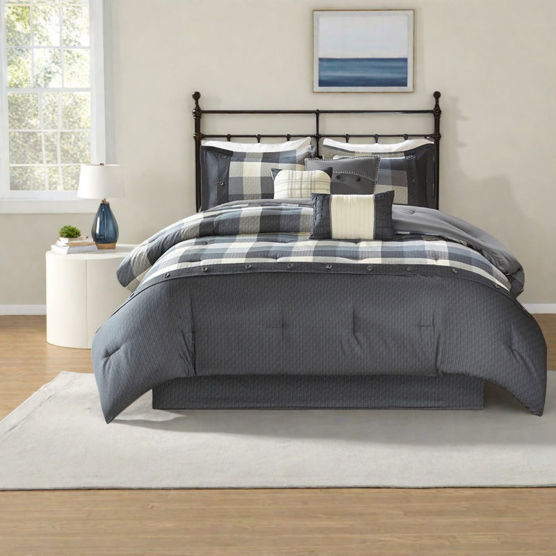 Rustic 7-piece Bedding Set, Herringbone Polyester, Farmhouse Style For Cal King