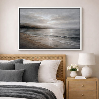 Moody Coastal Beach Artwork, Calm Ocean Shore Living Room Pictures, Framed Canvas Giclee Print Wall Art
