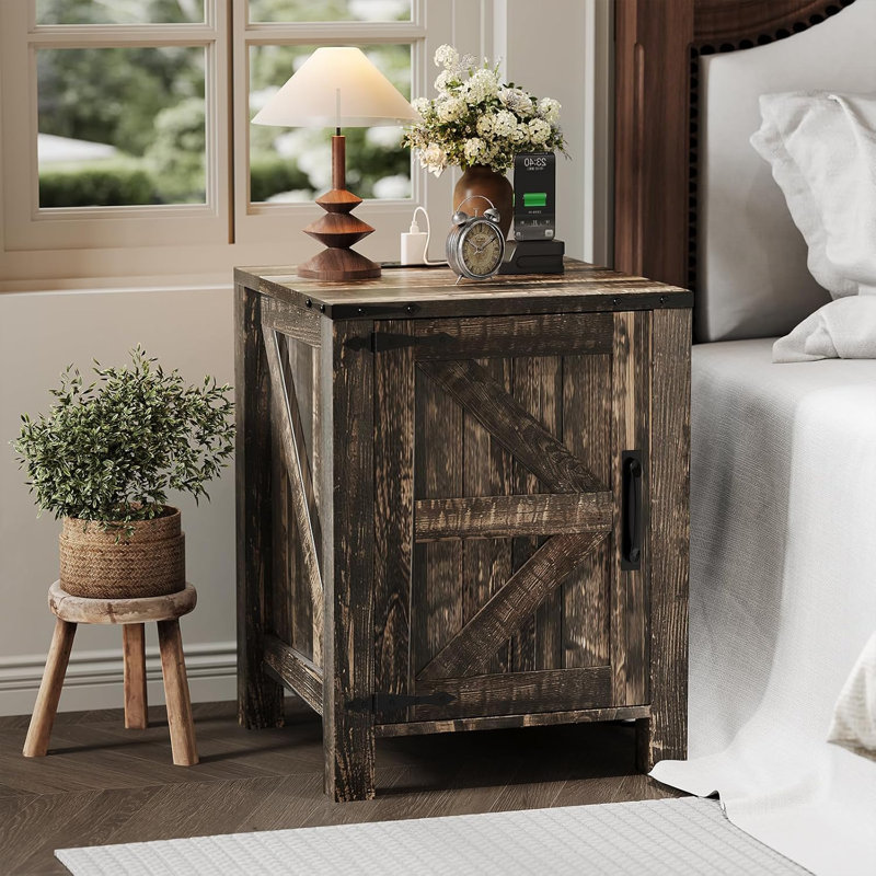 Table de chevet avec station de charge USB - Table de bout rustique 18 po avec porte de grange coulissante, tablette réglable, rangement à deux niveaux - Chambre / salon