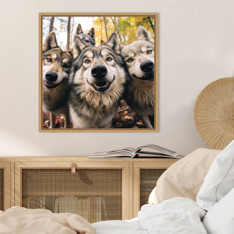 Funny Animal Wolf Selfie by The Creative Bunch Studio Framed Canvas Wall Art Print, Brown