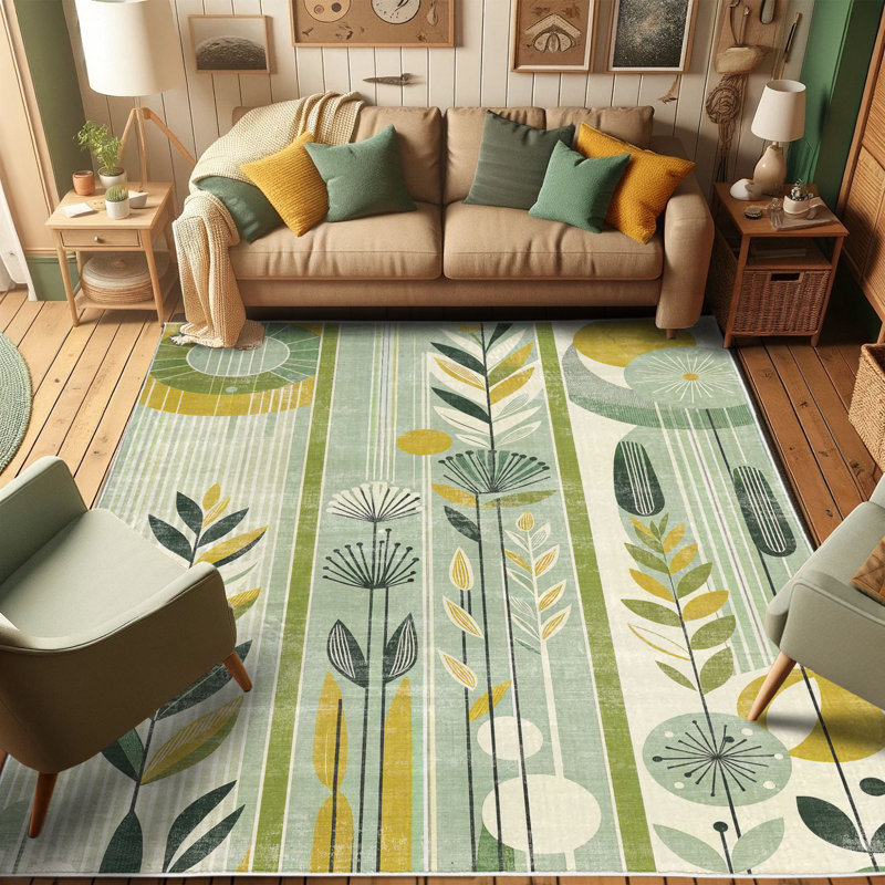 Mint Green and Mustard Floral Mid Century Modern Area Rug