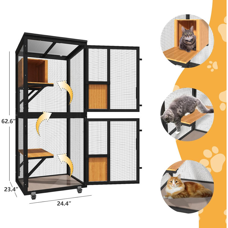Enceinte d'extérieur en bois pour chat, maison de chat avec 4 roues, Noir