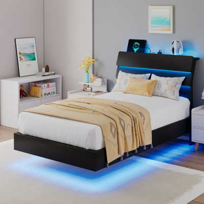 Twin Size Floating Bed Frame With Led And Charging Station,metal Platform Bed Frame With Storage Headboard,no Box Spring Needed,noise-free,easy To Assemble,black