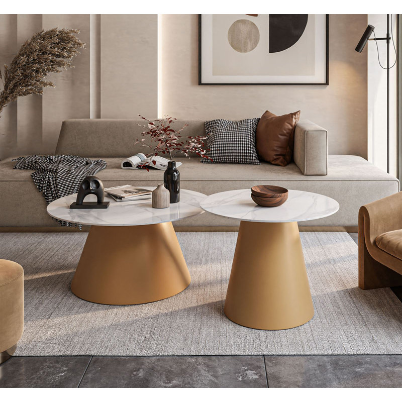 Huseman 2In1 Round Coffee Table CARTELLE White High Gloss, Gold