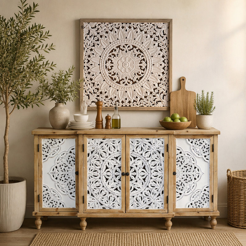 Armoire d'appoint à 4 portes sculptées en creux avec tablettes réglables
