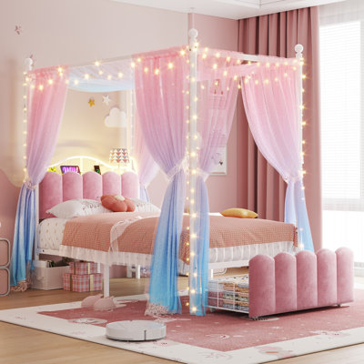 Metal Frame Princess Canopy Bed, Velvet Upholstered Headboard with LED Lights, Charging Station & Under-Bed Storage Drawers