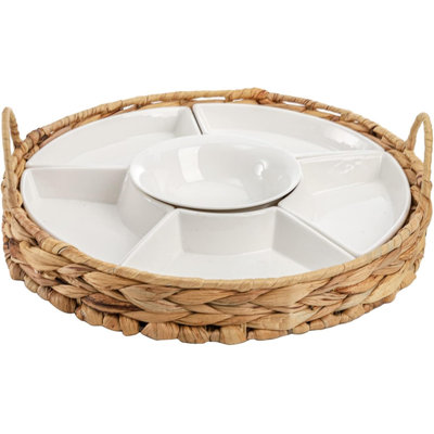 Plats en céramique divisés, plateau de service en porcelaine, plateau d'amuse-gueules, 6 bols à collation amovibles avec panier à quenouilles pour frites, bonbons, noix, condiments, légumes, poignée portable