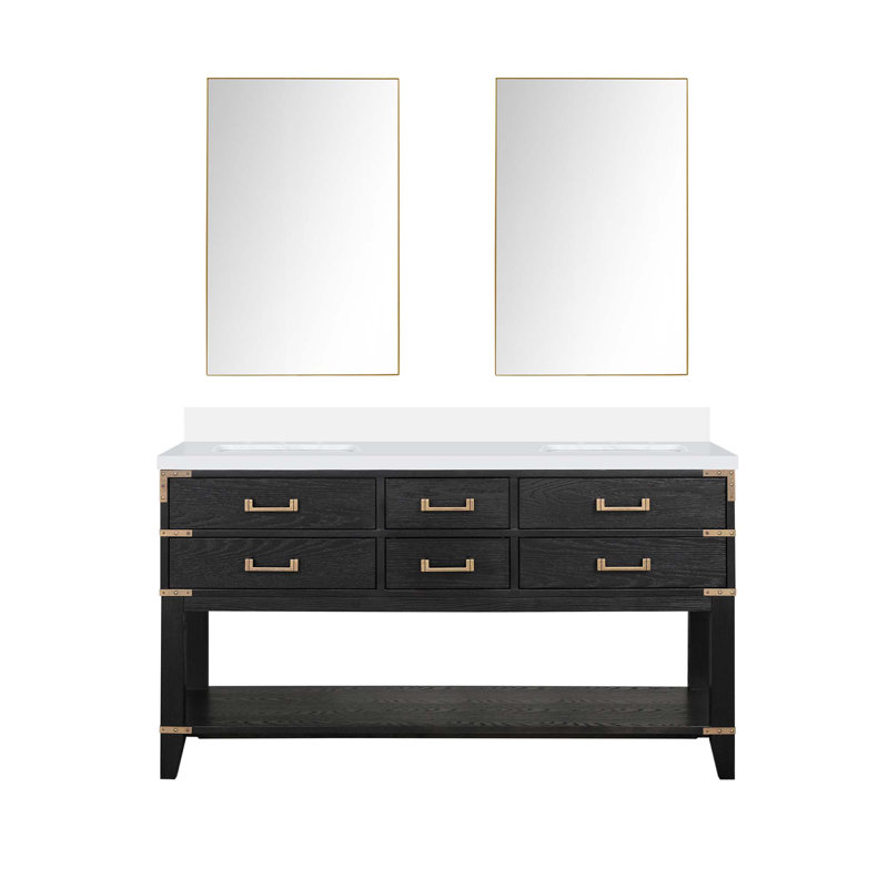 Meuble-lavabo double avec miroirs et tablette ouverte, 60"