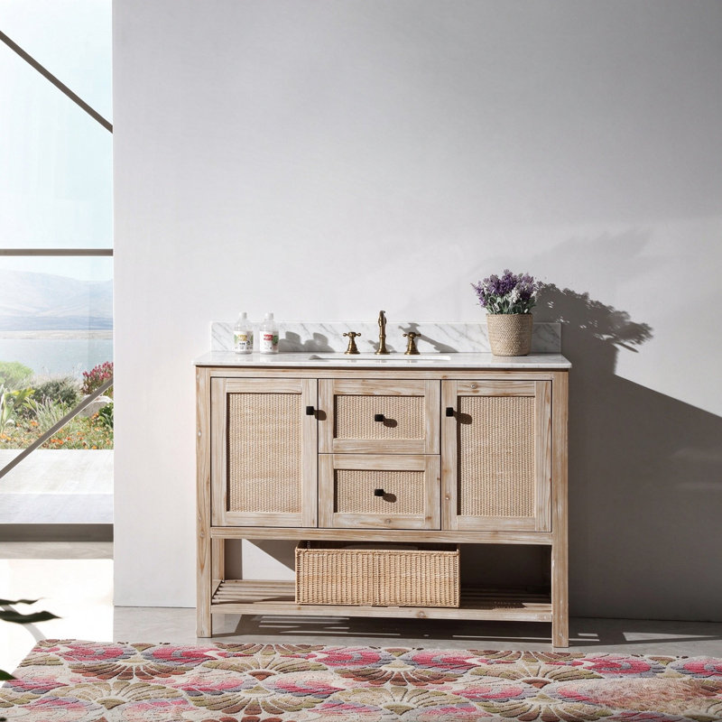 48" Freestanding Solid Wood White-Washed Single Bathroom Vanity with Carrara White Marble Top