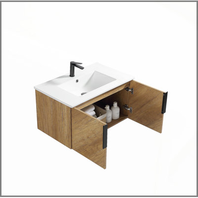 Meuble-lavabo mural 30 po avec panneau cannelé 3D et lavabo intégré en céramique