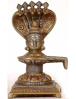 Mukha Linga en laiton avec protection de serpent à cinq capuchons, sculpture sacrée de 6,6 po de hauteur pour autel et espace de méditation
